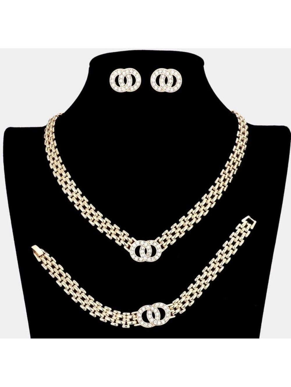Stone Embellished Double Open Circle Link Necklace Jewelry Set
